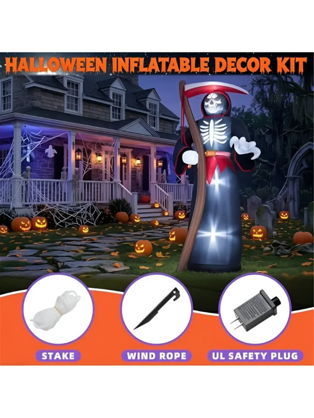 8FT Halloween Inflatables Outdoor, Giant Grim Reaper Blow Up Yard Decor